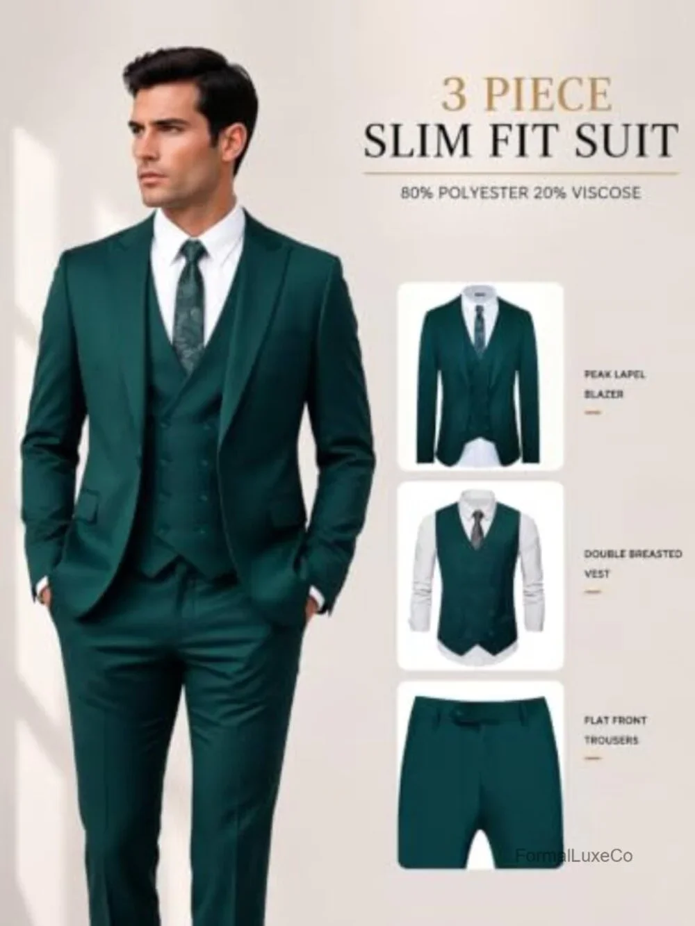 Men's Slim Fit 3 Piece Suit Set with Vest Pants Tie Wedding Formal